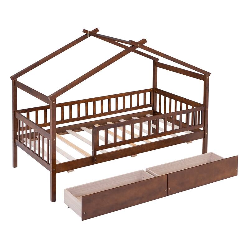 Wooden House Bed with Two Drawers and Fence for Boys, Girls and Bedroom