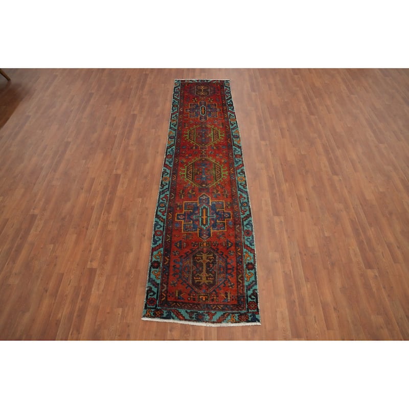 Hand Knotted Oriental 100% Wool Carpet Traditional Geometric Oranges & Rust Heriz Runner Rug - 10' 6'' X 2' 7''