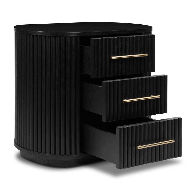 Poly & Bark Noir 3 Drawer Wood Nightstand with Ribbed Design - Black