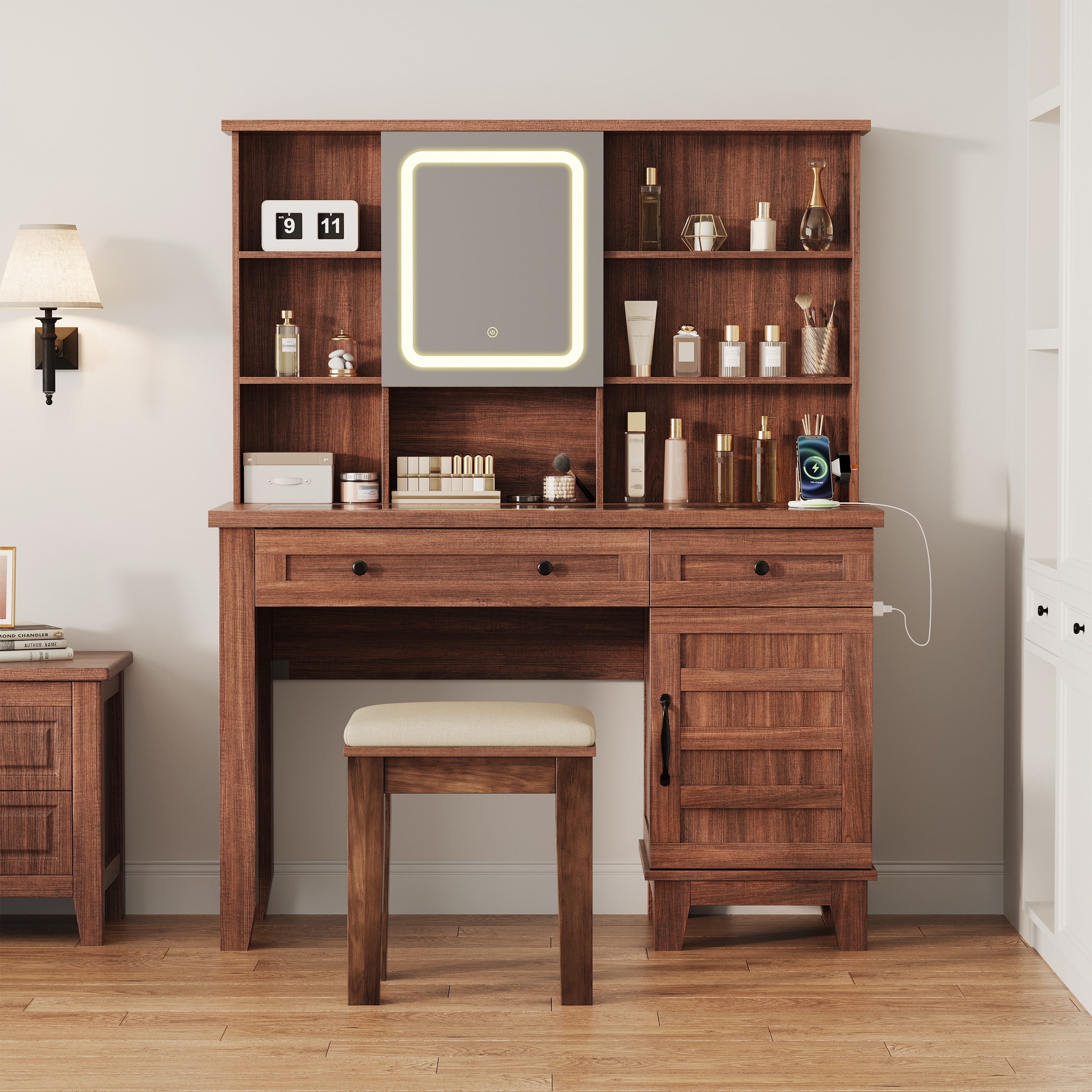 Farmhouse Makeup Vanity Desk with Solid Wood Stool, Makeup Table with Mirror and Lights