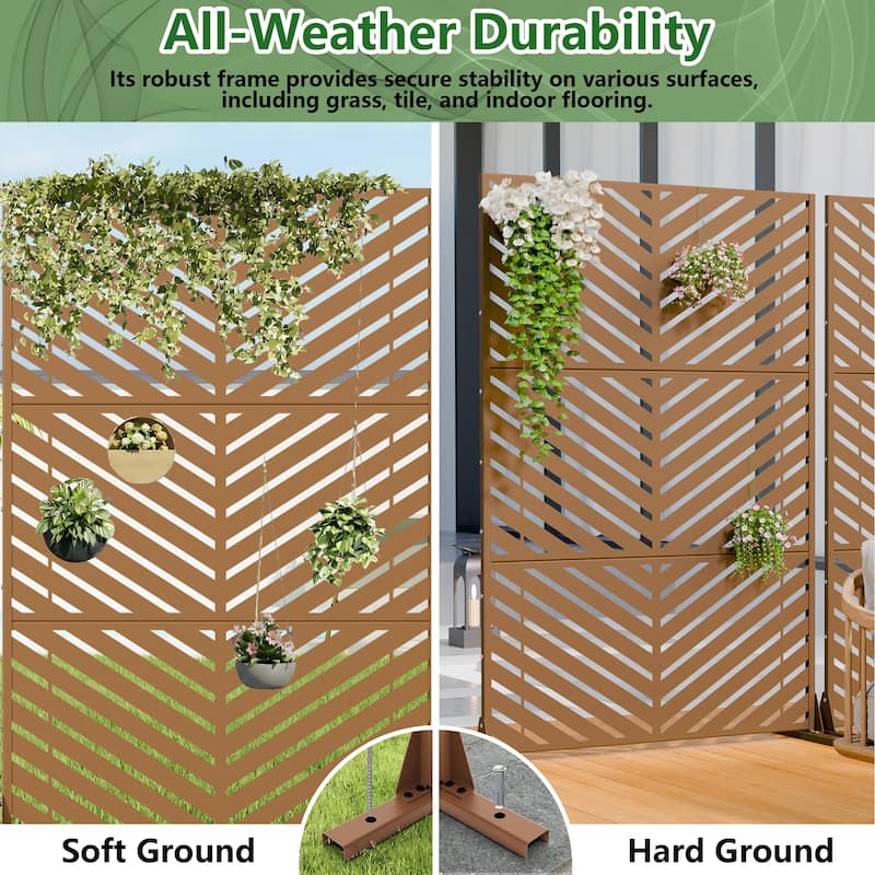 Outdoor Privacy Screen 2-Panel Chevron Metal Privacy Fence with Wind-Resistant Base Durable Decorative Divider
