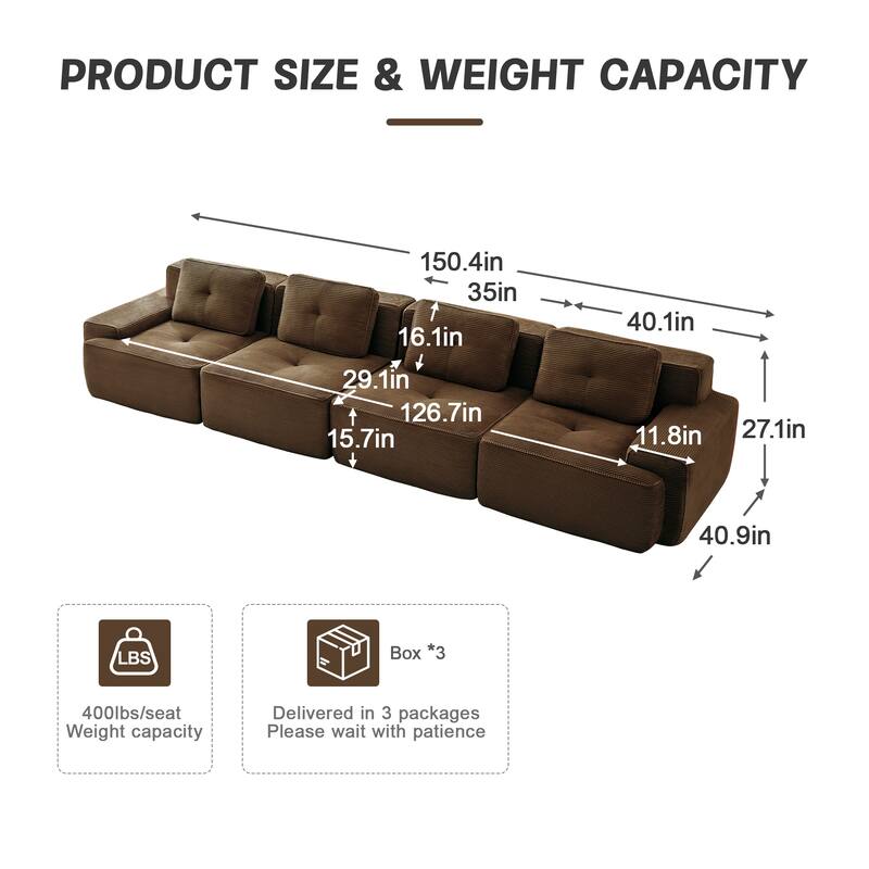 Roomfitters No Assembly Modular Sofa, 117 Inch Corduroy 3-Seater with Piping, Brown