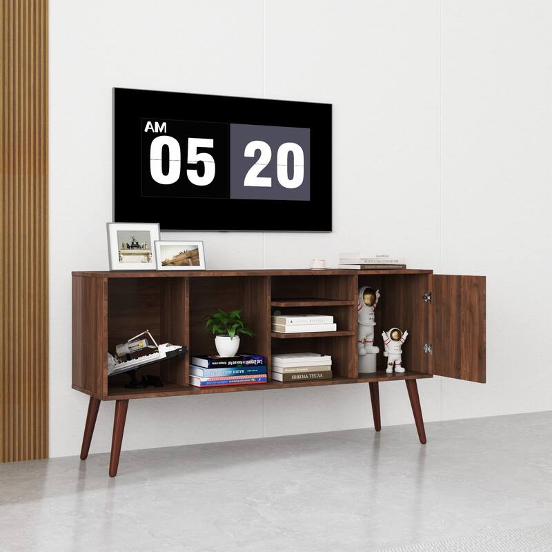 Modern TV Stand Stylish TV Stand with 1 Storage, 4 Solid Wood Legs, and 3 Shelves, for Living Room, Walnut
