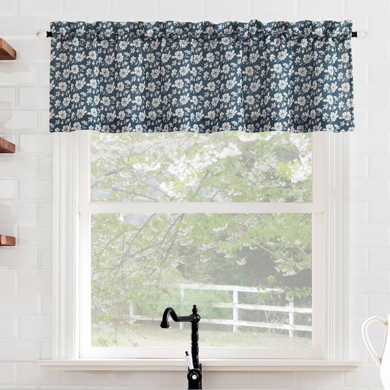 No. 918 Mistral Floral Semi-Sheer Rod Pocket 1-Piece Kitchen Curtain Valance - 54" x 14" - Indigo
