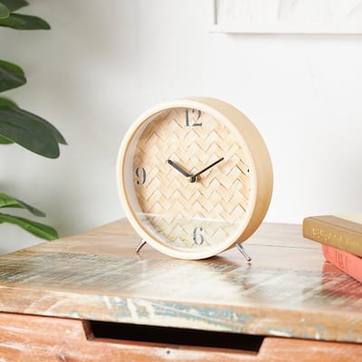 Light Brown Wood Woven Clock Chevron Patterned or White Frame with Silver Legs