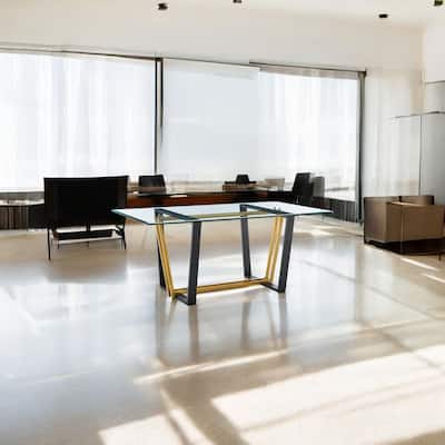 72" Clear And Gold Glass And Iron Sled Base Dining Table