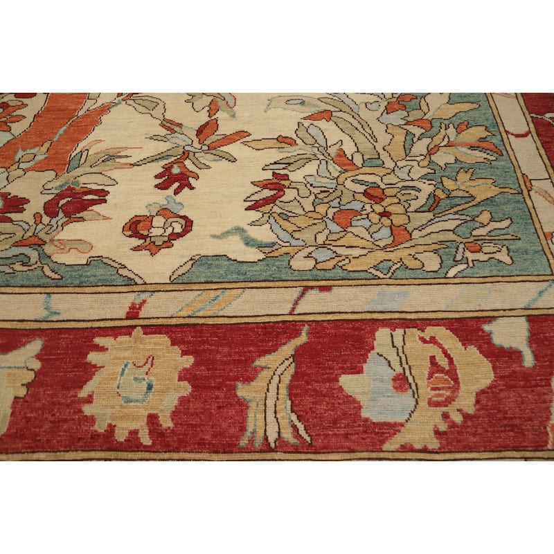 Hand Knotted Oriental 100% Wool Carpet Transitional Floral Green Oushak Area Rug - 14' 0'' X 10' 1''