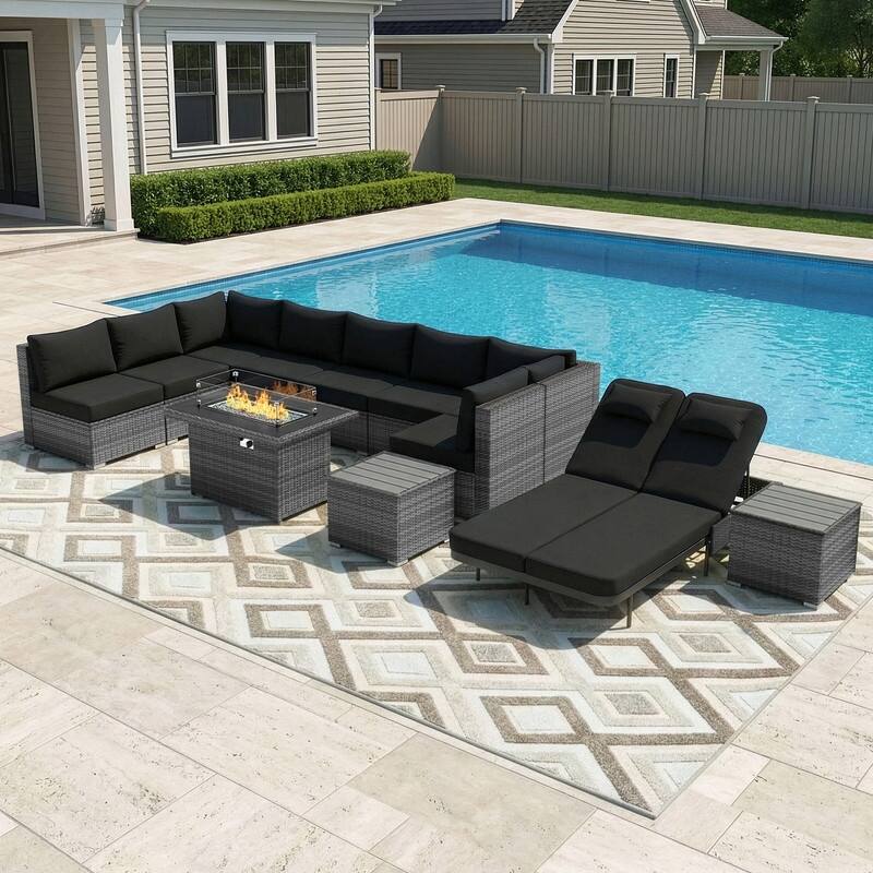 Outdoor Sectional Conversation Set PE Wicker with Double Chaise Lounge, 60,000 BTU Fire Pit Table - 12-Piece/Table-A - Black