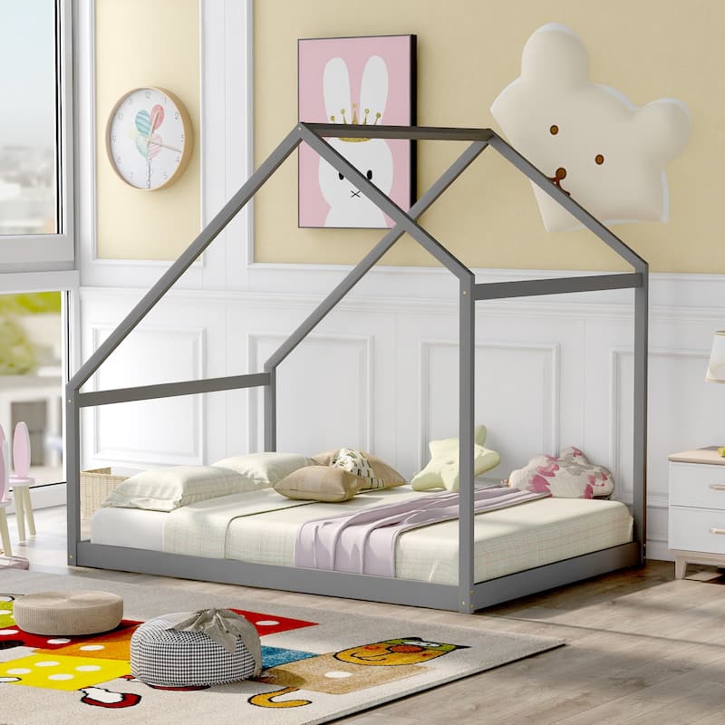 Solid Wood House Bed with Roof