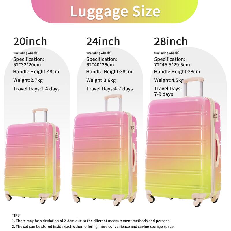 3-Piece, 20, 24, 28-Inch Modern Luggage Sets, Gradient Expandable Luggage with TSA Lock, for Boarding Travel, Multicolor Pink