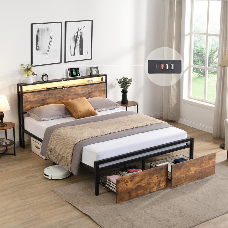 Metal Platform Bed Frame with Storage Headboard,2 Drawers,LED Lights and Charging Station