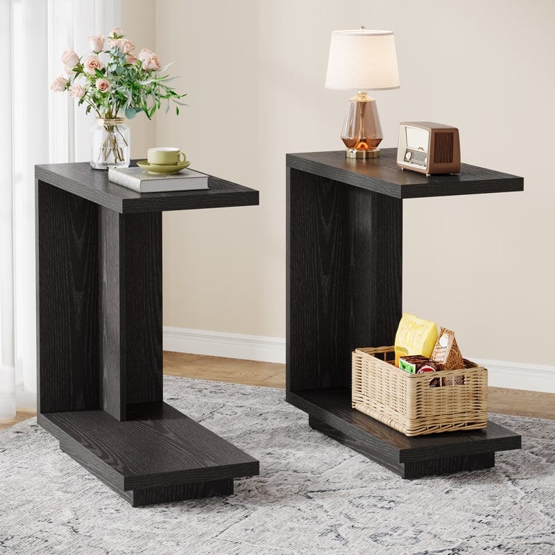 C-shaped Side Table Set Of 2, 2-tier Narrow End Table Wood Nightstand - Black