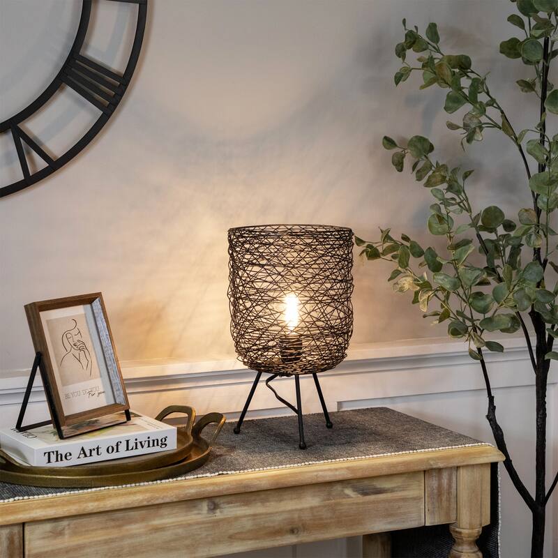 Basket Weave-Style Iron Table Lamp - 14.5" - Black - 14.5