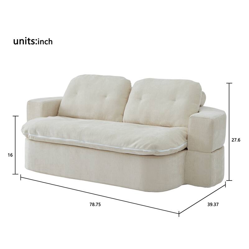 Modern Floor Sofa With 2 Pillows,Convertible Corduroy Fabric Foam-Filled Sleeper Sofa Bed