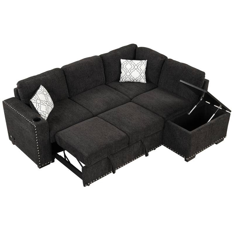 Pull-Out Sofa Bed L-Shape Sectional Sofa, Linen Deep Seat Sofa with Adjustable Headrest, Wireless Charging and Cup Holders
