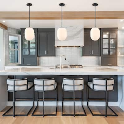 Noor 60 Watt 1-Light Matte Black Modern Pendant Light with Etched Opal Glass Shade - 12.75