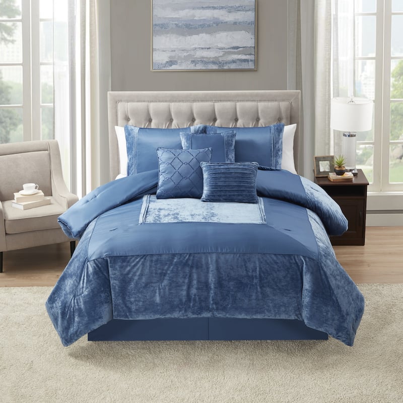 Sweet Home Collection 7 Piece Luna Crushed Velvet Elegant Bedding Set - Navy - Queen