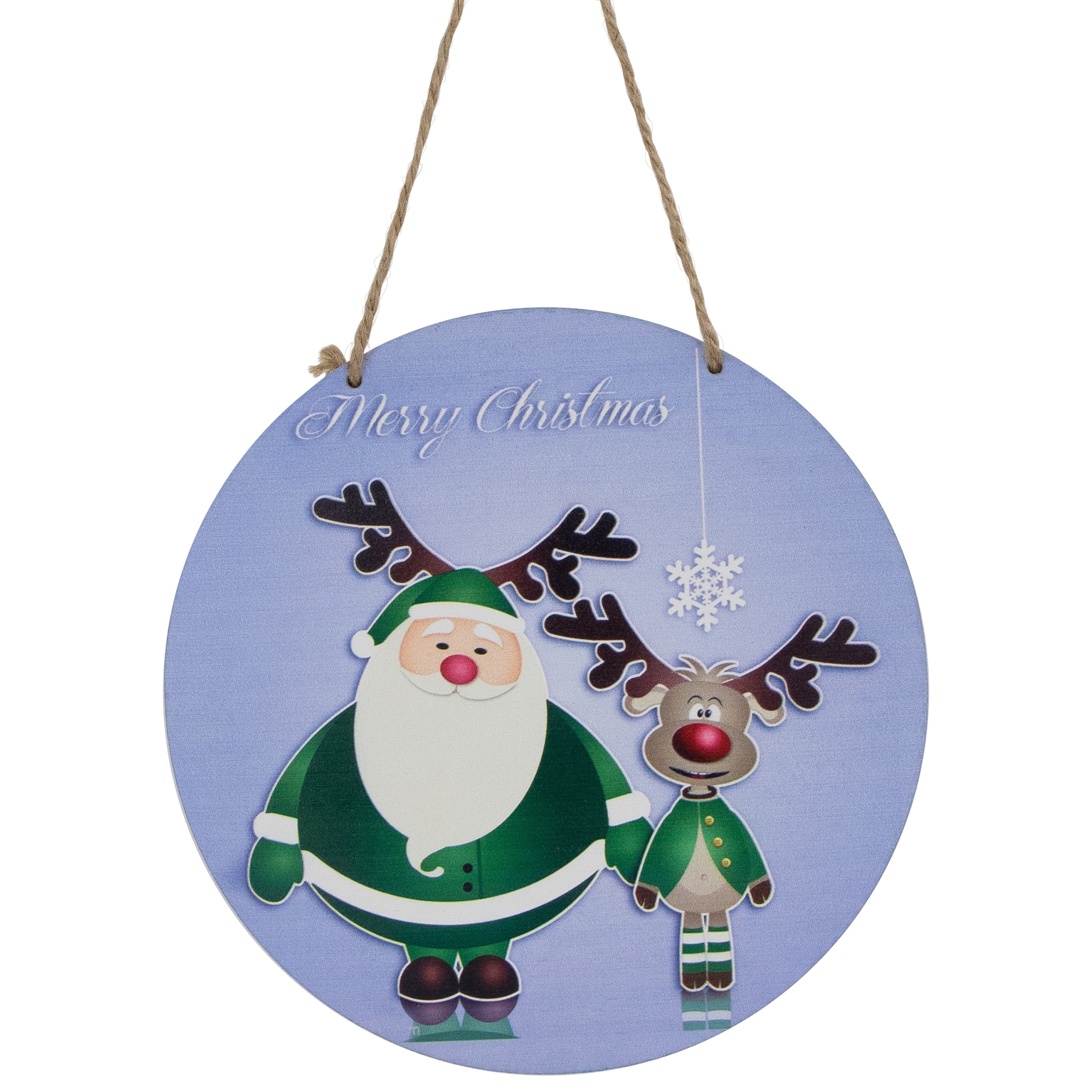 Santa and Reindeer "Merry Christmas" Disc Ornament 8" Blue and Green