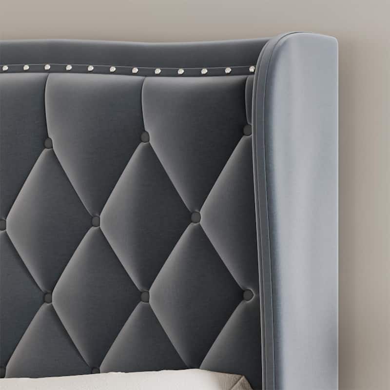 Gray Queen Size Modern Upholstered Velvet Bed with Wingback Headboard
