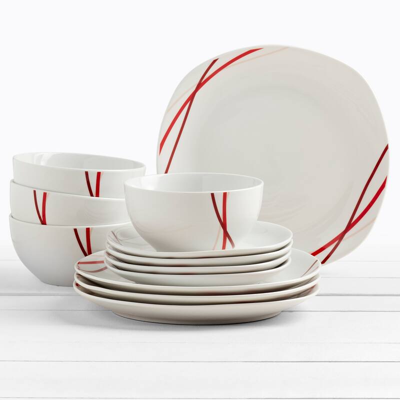 Tabletops Gallery Adrian 12 Piece Porcelain Dinnerware Set In White With Red Stripes- Service for 4