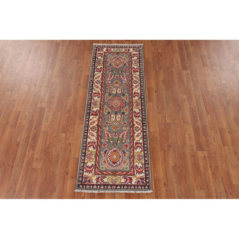 Traditional Kazak Runner Rug Hand-Knotted Grey Wool Carpet - 2'1" x 5'10"