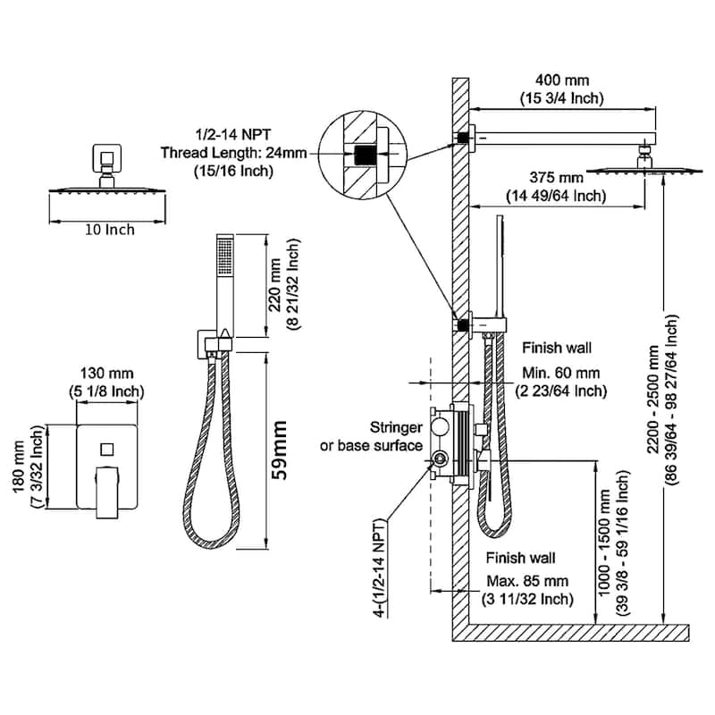 Wall Mount Shower Faucet With Rough-in Valve, Complete Shower System Wth Handheld Shower 10 inch Rain Shower Head Brushed Gold