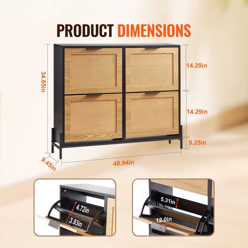 Slim Rattan Shoe Cabinet with Shelves and Drawers Wooden Entryway Organizer for Small Spaces - 40.94 x 9.45 x 34.65 inches