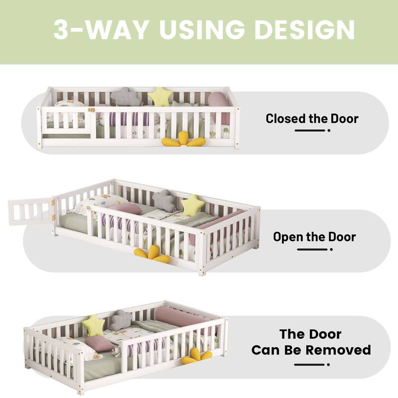 Twin/Full/Queen Size Floor Bed with Safety Guardrails for Kids, Wood Montessori Bedframe w/ Door, Children's Noiseless Beds