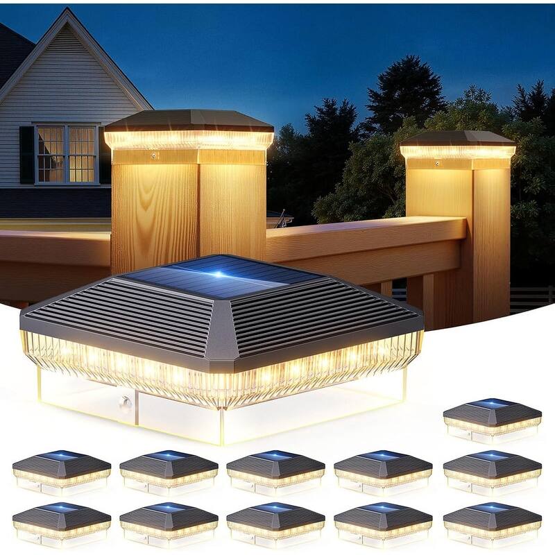 6-Pack Solar Post Cap Lights - 40 LEDs, 3 Modes, Fits 4x4 Posts - Black - 12 Pack