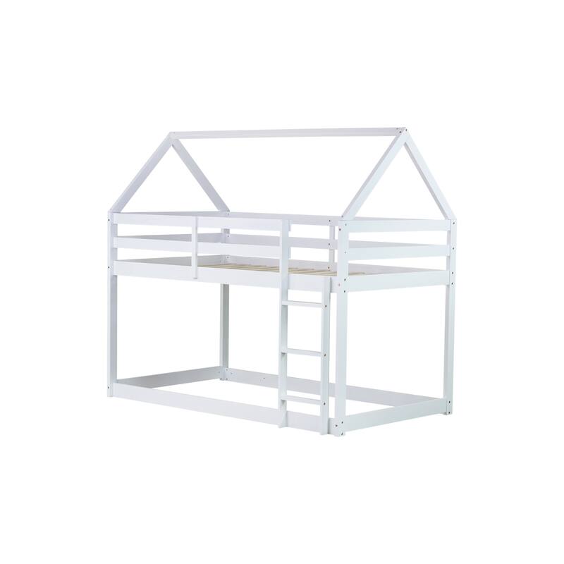 House-shaped Bed Frame, Twin Over Twin Low Bunk Bed with House Roof, No Slats Floor Bed, Ladder and Guardrails, Floor Bunk Bed