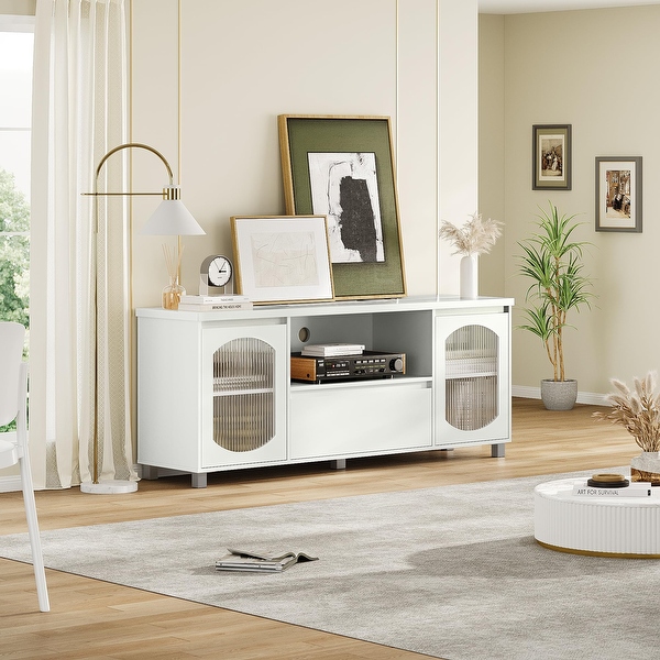 Modern White TV Stand for 70 Flat Screen TVS 63 W x 18.1 D with Drawer Glass Cabinets