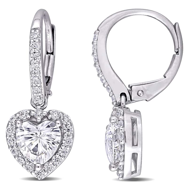 Miadora 2ct DEW Heart-cut Moissanite Halo Leverback Drop Earrings in 10k White Gold - 22.2 mm x 9.3 mm x 12.3 mm