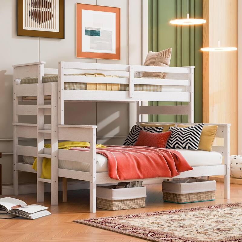 Twin XL over Queen Bunk Bed with Ladder, White - Space-Saving Solution