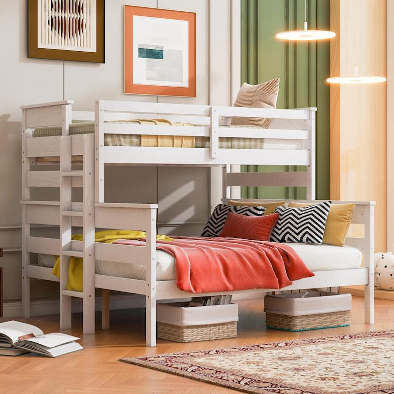 Wood Twin XL over Queen Bunk Bed with Ladder, Detachable Design, No Box Spring Required, Sturdy Pine Wood Frame