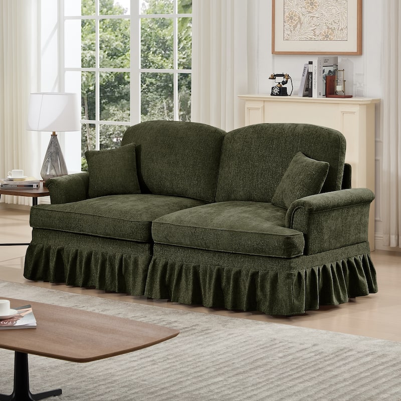 Mid-Century 2-Seat Sofa Couch with Flared Arms & Removable Ruffled Skirts, Retro Chenille Upholstered Loveseat for Living Room