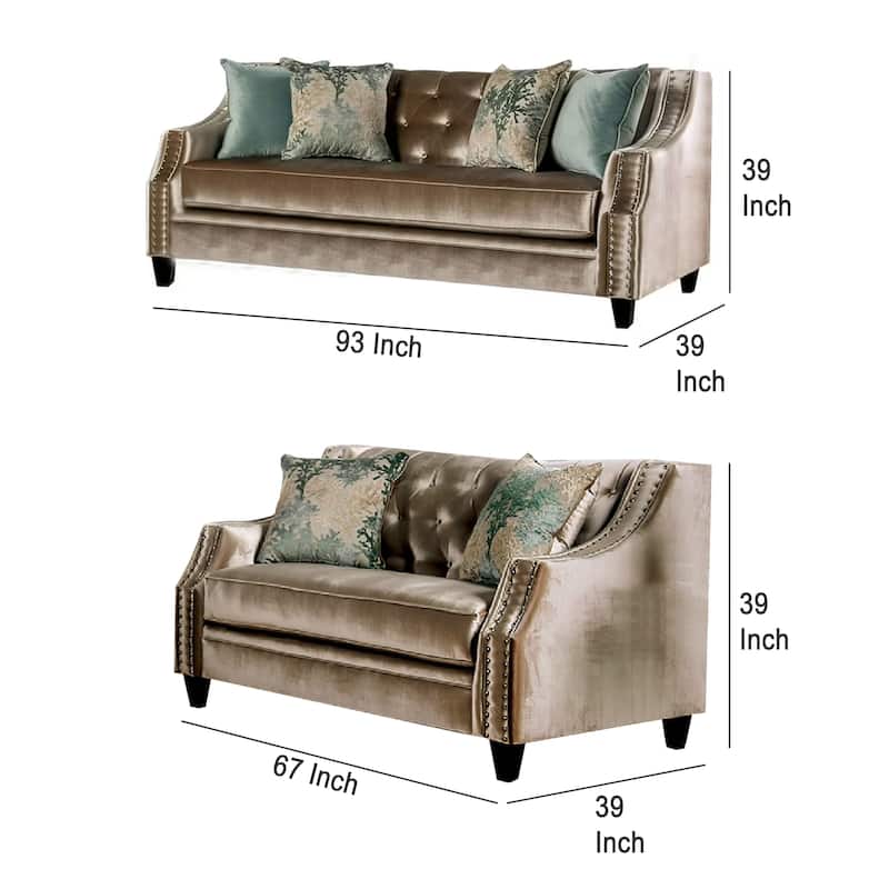 Enny Sofa and Loveseat Set, Bench Style, Champagne Turquoise Chenille