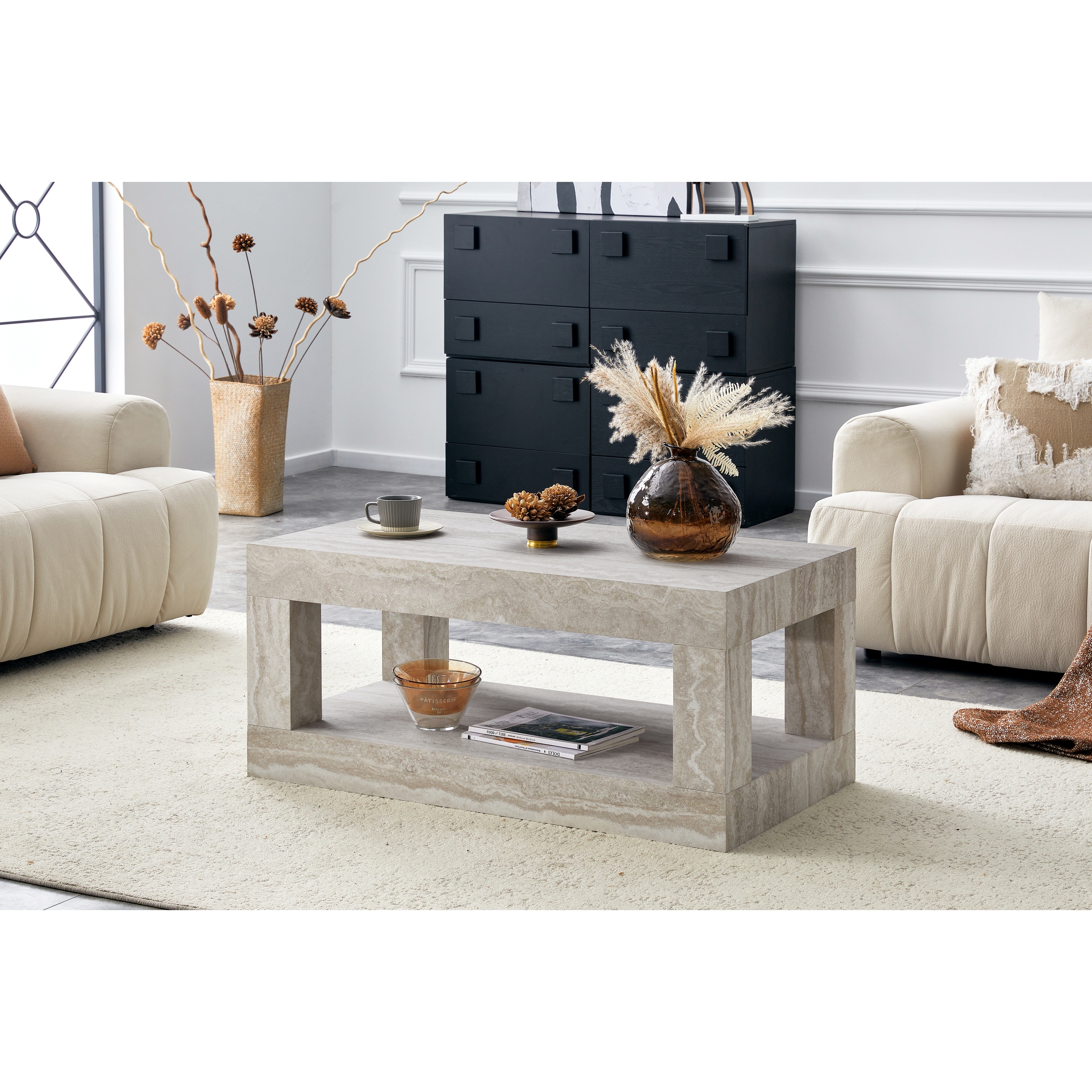 2-Tier Coffee Table for Living Room Furniture,Rectangular Center Table with Open Storage Shelf