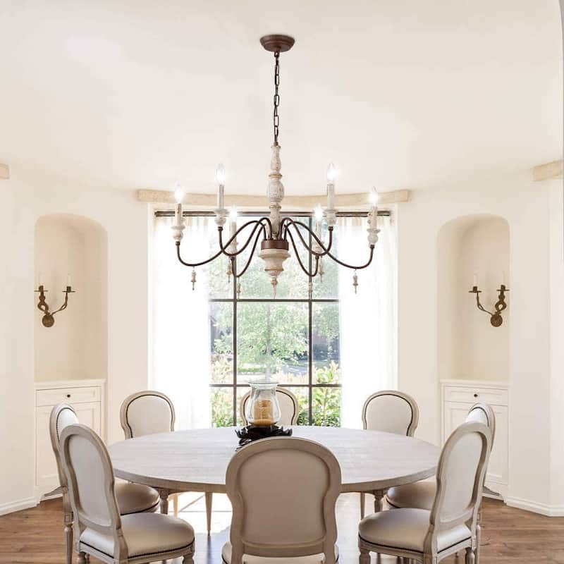 6-Light Classic Wood Like Metal Chandelier Medieval Antique Style 30 Inches Wide - Ivory/Brown