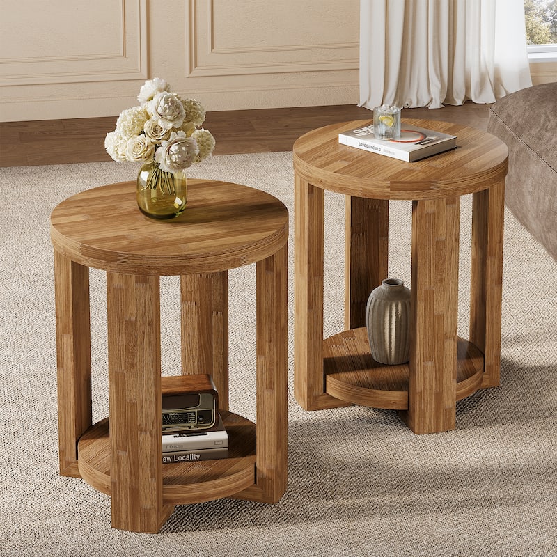 2-Tier Round End Table, Side Table, Small Bedside Accent Table for Living Room, Bedroom (Set of 2) - RusticBrownx2