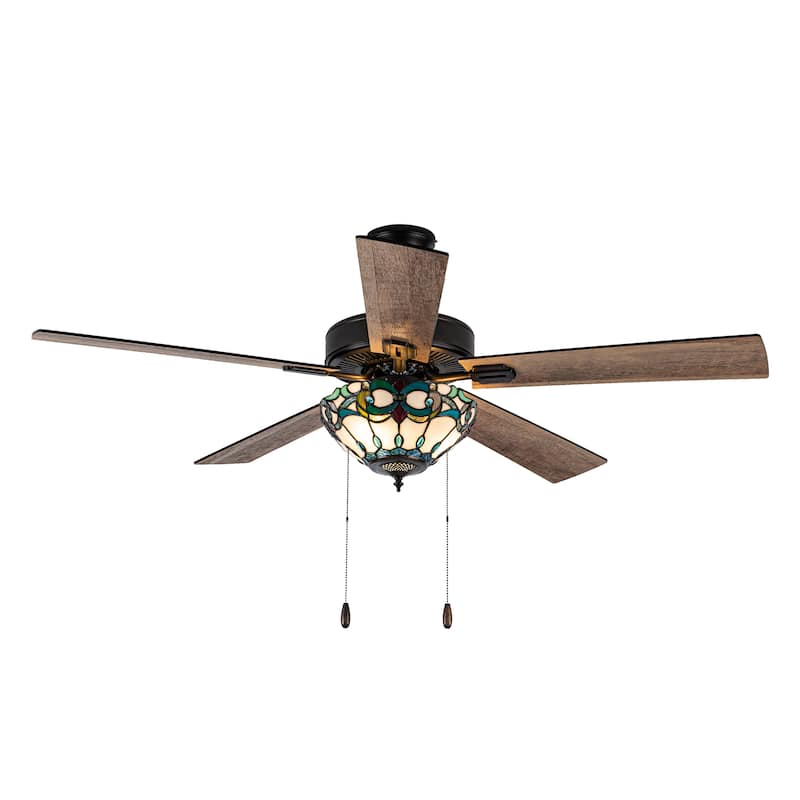 Della River of Goods Oil-Rubbed Bronze and Stained Glass 52-Inch 3-Light Remote-Controlled Ceiling Fan - Ivory with Aqua