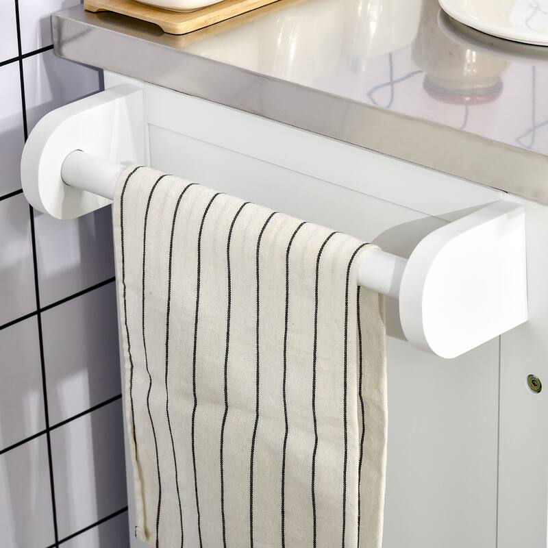 White Kitchen Island with Stainless Steel Top and Storage Drawers Cabinets Spice Towel Rack - 33" L x 18" W x 35.75" H