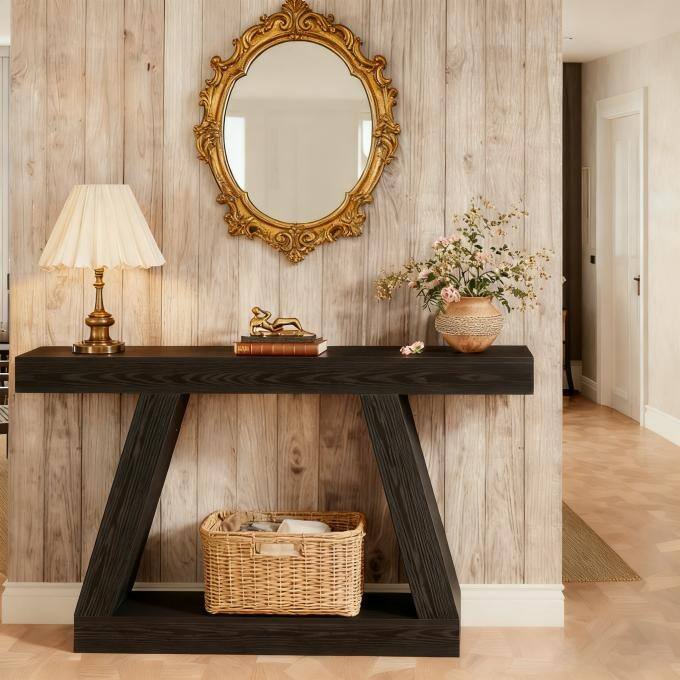 55-Inch Farmhouse Console Table, Rustic Sofa Table with Storage, Industrial Wooden Entryway Table for Hallway, Living Room