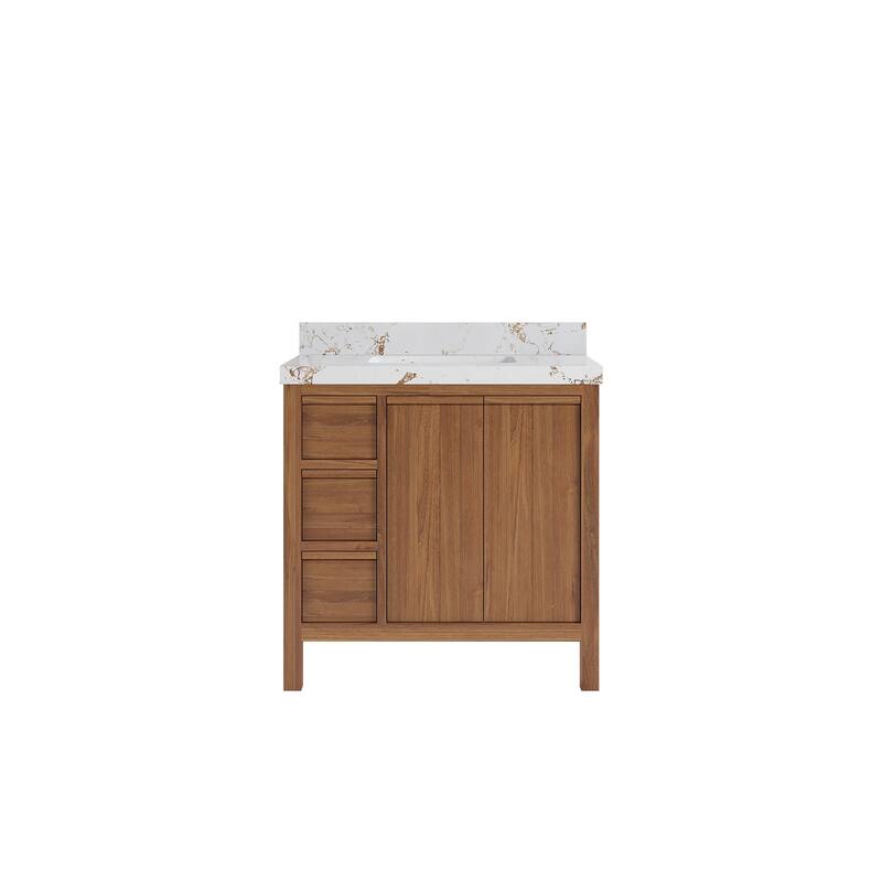 Willow Collections 36 in. W x 22 in. D Elizabeth Solid Teak Wood Center Sink Bathroom Vanity with Countertop - 2"Viola Gold - Dark Natural