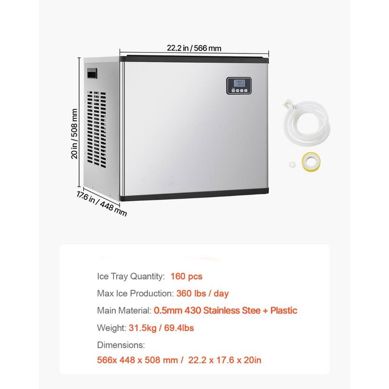 Silver Stainless Steel Commercial Ice Maker with 360 lbs Daily Output and Self Cleaning - 22.2 x 17.6 x 20 in