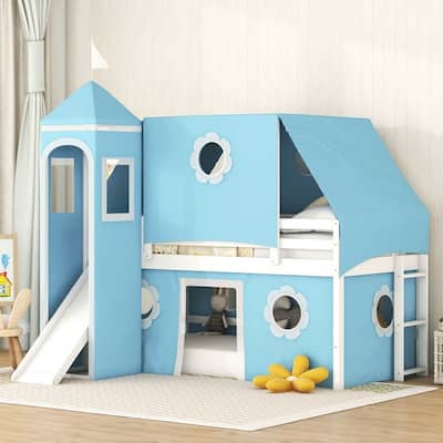 Twin Size Loft Bed with Slide Blue Tent and Tower