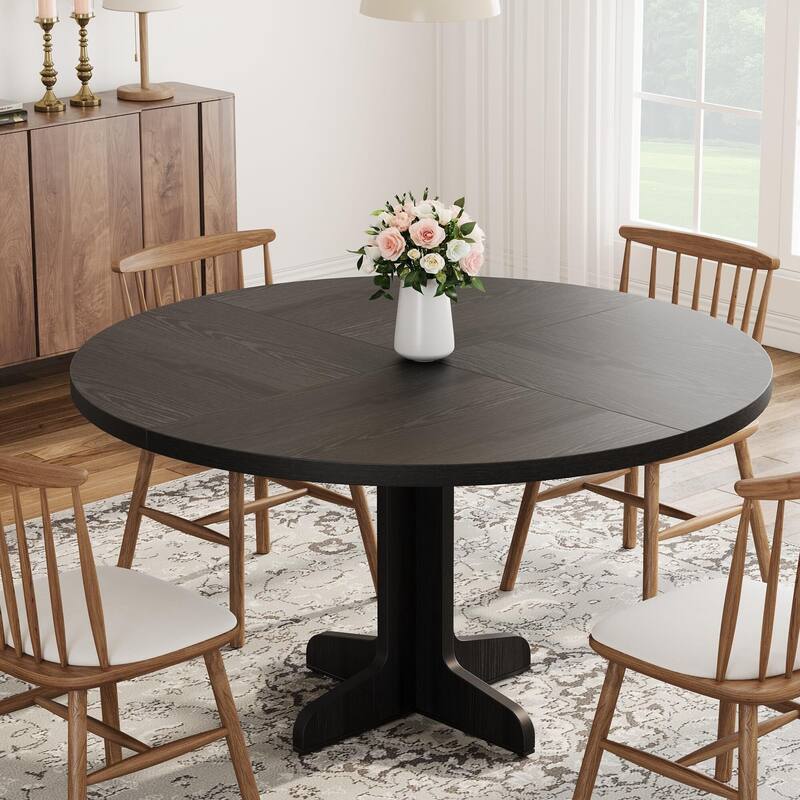 47 Inch Round Dining Table for 4, Farmhouse Kitchen Dining Room Circle Dinner Table - Black