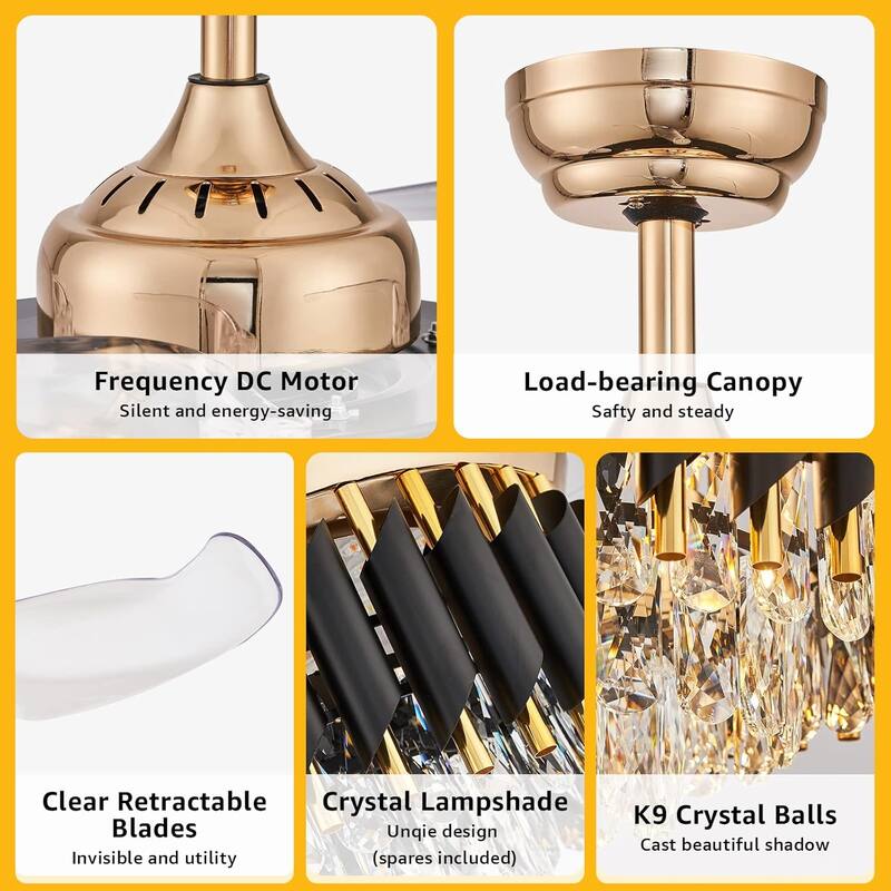Modern Gold Black Retractable Crystal Ceiling Fan With Lights, Dimmable LED Luxury Chandelier Ceiling Fan With Remote Control