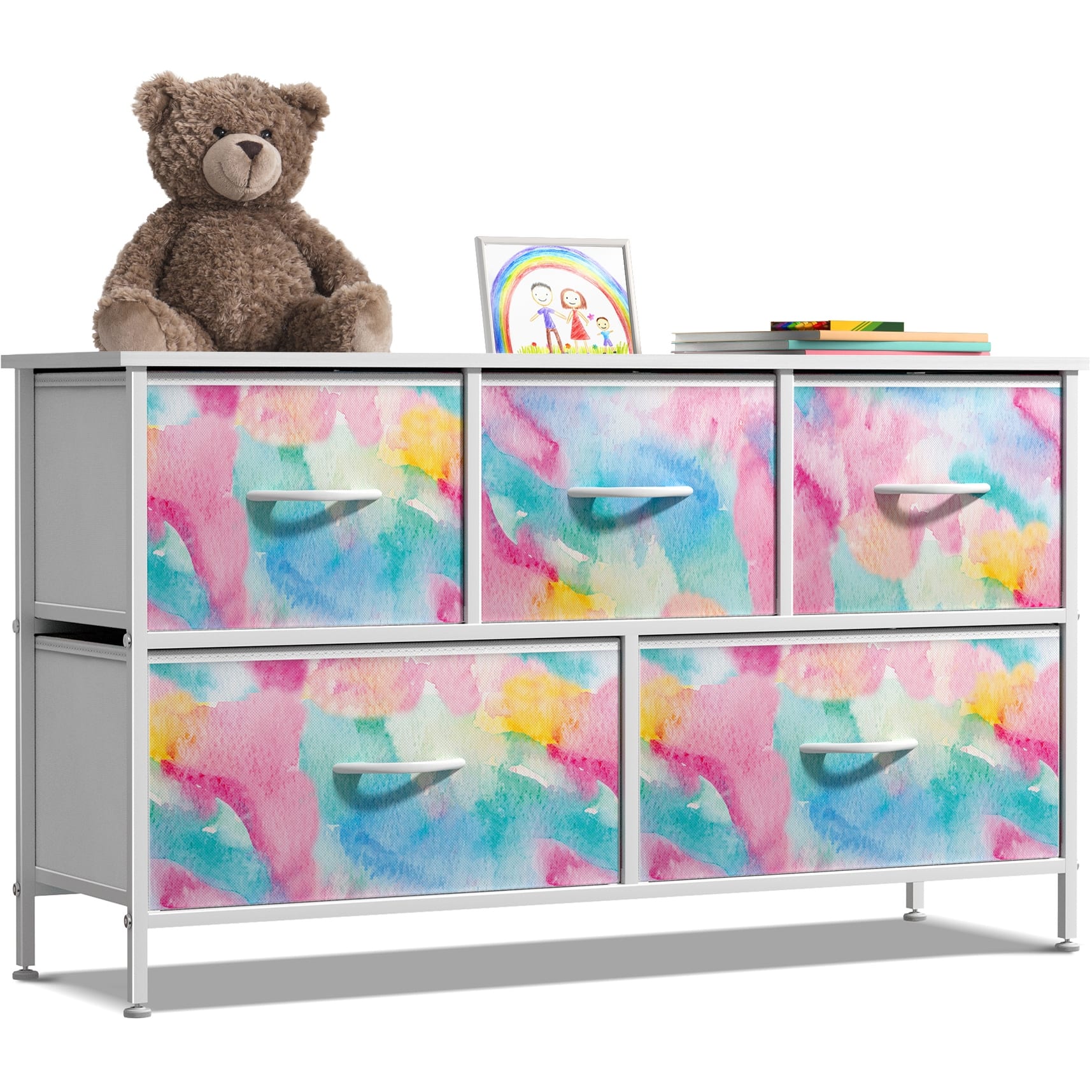 short wide dresser Fine - Stylish Wood & Metal Design 9 drawers open on smooth metal glides 5 Drawer Wide Short Dresser