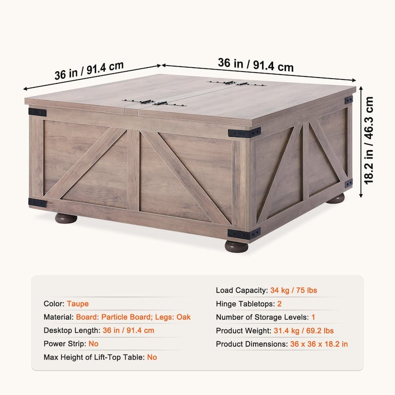 36 Inch Lift Top Square Coffee Table with Large Storage Compartment Perfect for Books or Documents Store - 36” x 36” x 18.2”