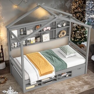 Wooden Twin House Bed with Bedside Built-in Storage Shelves,Kids Bed Design